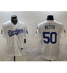 Men Los Angeles Dodgers 50 Mookie Betts White 2024 World Series With Fernando Memorial Patch Home Limited Stitched Baseball Jersey 1 Men Los Angeles Dodgers 50 Mookie Betts White 2024 World Series With Fernando Memorial Patch Home Limited Stitched Baseball Jersey 1