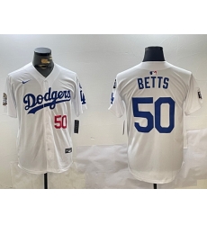 Men Los Angeles Dodgers 50 Mookie Betts White 2024 World Series With Fernando Memorial Patch Home Limited Stitched Baseball Jersey 3 Men Los Angeles Dodgers 50 Mookie Betts White 2024 World Series With Fernando Memorial Patch Home Limited Stitched Baseball Jersey 3