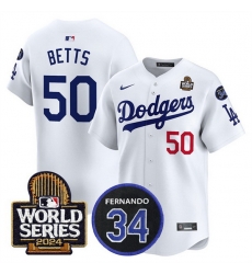 Men Los Angeles Dodgers 50 Mookie Betts White 2024 World Series With Fernando Memorial Patch Limited Stitched Baseball Jersey Men Los Angeles Dodgers 50 Mookie Betts White 2024 World Series With Fernando Memorial Patch Limited Stitched Baseball Jersey