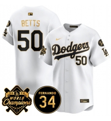 Men Los Angeles Dodgers 50 Mookie Betts White Gold 2024 World Champions 26 Fernando Memorial Patch Vapor Premier Limited Stitched Baseball Jersey Men Los Angeles Dodgers 50 Mookie Betts White Gold 2024 World Champions 26 Fernando Memorial Patch Vapor Premier Limited Stitched Baseball Jersey