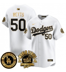 Men Los Angeles Dodgers 50 Mookie Betts White Gold 2024 World Series Patch Vapor Premier Limited Stitched Baseball Jersey Men Los Angeles Dodgers 50 Mookie Betts White Gold 2024 World Series Patch Vapor Premier Limited Stitched Baseball Jersey