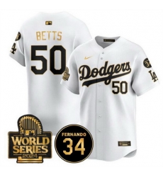 Men Los Angeles Dodgers 50 Mookie Betts White Gold 2024 World Series With Fernando Memorial Patch Limited Stitched Baseball Jersey Men Los Angeles Dodgers 50 Mookie Betts White Gold 2024 World Series With Fernando Memorial Patch Limited Stitched Baseball Jersey