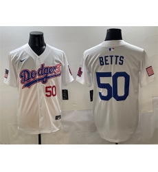 Men Los Angeles Dodgers 50 Mookie Betts White With American Flag Patch Limited Stitched Baseball Jersey