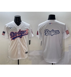 Men Los Angeles Dodgers Team Big Logo White With American Flag Patch Limited Stitched Baseball Jersey 2