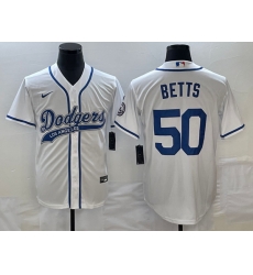 Men's Los Angeles Dodgers #50 Mookie Betts White With Patch Cool Base Stitched Baseball Jersey Men's Los Angeles Dodgers #50 Mookie Betts White With Patch Cool Base Stitched Baseball Jersey