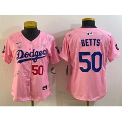 Women Los Angeles Dodgers 50 Mookie Betts Pink 2025 Tokyo Series Limited Stitched Baseball Jersey