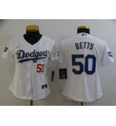 Women Los Angeles Dodgers Mookie Betts 50 Championship Gold Trim White Limited All Stitched Flex Base Jersey Women Los Angeles Dodgers Mookie Betts 50 Championship Gold Trim White Limited All Stitched Flex Base Jersey