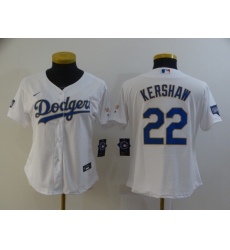 Women Los Angeles Dodgers Clayton Kershaw 22 Championship Gold Trim White All Stitched Cool Base Jersey Women Los Angeles Dodgers Clayton Kershaw 22 Championship Gold Trim White All Stitched Cool Base Jersey