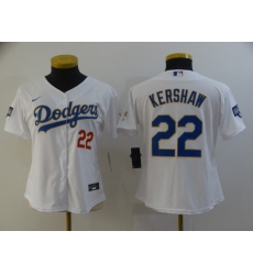 Women Los Angeles Dodgers Clayton Kershaw 22 Championship Gold Trim White All Stitched Flex Base Jersey Women Los Angeles Dodgers Clayton Kershaw 22 Championship Gold Trim White All Stitched Flex Base Jersey