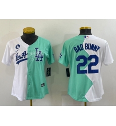 Youth Los Angeles Dodgers 22 Bad Bunny 2022 All Star White Green Split Stitched Jerseys Youth Los Angeles Dodgers 22 Bad Bunny 2022 All Star White Green Split Stitched Jerseys
