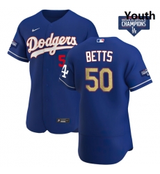 Youth Los Angeles Dodgers Mookie Betts 50 Gold Program Designed Edition Blue Flex Base Stitched Jersey Youth Los Angeles Dodgers Mookie Betts 50 Gold Program Designed Edition Blue Flex Base Stitched Jersey