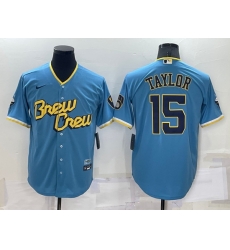 Men Milwaukee Brewers 15 Tyrone Taylor 2022 Powder Blue City Connect Cool Base Stitched Jersey Men Milwaukee Brewers 15 Tyrone Taylor 2022 Powder Blue City Connect Cool Base Stitched Jersey