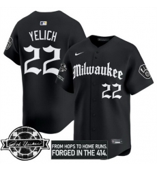 Men Milwaukee Brewers 22 Christian Yelich Black Gothic Edition Bob Uecker Patch Vapor Premier Limited Stitched Baseball Jersey