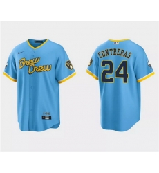 Men Milwaukee Brewers 24 William Contreras Powder Blue 2022 City Connect Cool Base Stitched Jersey Men Milwaukee Brewers 24 William Contreras Powder Blue 2022 City Connect Cool Base Stitched Jersey