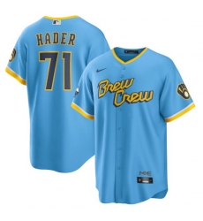 Men Milwaukee Brewers 71 Josh Hader 2022 Powder Blue City Connect Cool Base Stitched Jersey Men Milwaukee Brewers 71 Josh Hader 2022 Powder Blue City Connect Cool Base Stitched Jersey