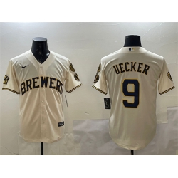 Men Milwaukee Brewers 9 Bob Uecker Cream With Home Patch Stitched Baseball Jersey