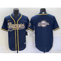 Men Milwaukee Brewers Navy Team Big Logo Cool Base Stitched Jersey