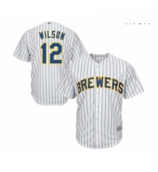 Mens Milwaukee Brewers 12 Alex Wilson Replica White Home Cool Base Baseball Jersey 