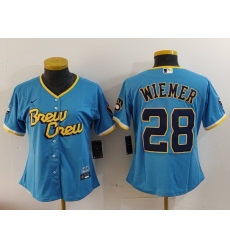 Women Milwaukee Brewers 28 Joey Wiemer Powder Blue City Connect Cool Base Stitched Jersey Women Milwaukee Brewers 28 Joey Wiemer Powder Blue City Connect Cool Base Stitched Jersey