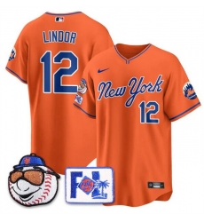 Men New York Mets 12 Francisco Lindor Orange 2025 Spring Training Stitched Baseball Jersey Men New York Mets 12 Francisco Lindor Orange 2025 Spring Training Stitched Baseball Jersey