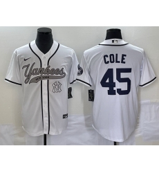Men New York Yankees 45 Gerrit Cole White With Patch Cool Base Stitched Baseball Jersey Men New York Yankees 45 Gerrit Cole White With Patch Cool Base Stitched Baseball Jersey