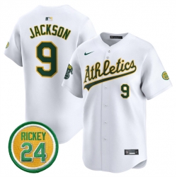 Men Oakland Athletics 9 Reggie Jackson White 2024 Home Limited With Rickey Henderson Patch Stitched Jersey