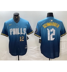 Men Philadelphia Phillies 12 Kyle Schwarber Blue 2024 City Connect Limited Stitched Jersey 3 Men Philadelphia Phillies 12 Kyle Schwarber Blue 2024 City Connect Limited Stitched Jersey 3