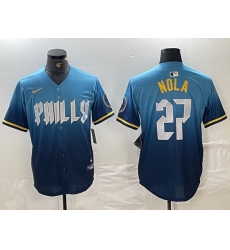 Men Philadelphia Phillies 27 Aaron Nola Blue 2024 City Connect Limited Stitched Baseball Jersey 2 Men Philadelphia Phillies 27 Aaron Nola Blue 2024 City Connect Limited Stitched Baseball Jersey 2