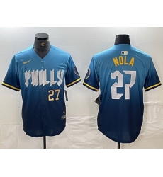 Men Philadelphia Phillies 27 Aaron Nola Blue 2024 City Connect Limited Stitched Baseball Jersey 4 Men Philadelphia Phillies 27 Aaron Nola Blue 2024 City Connect Limited Stitched Baseball Jersey 4