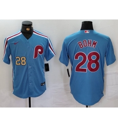 Men Philadelphia Phillies 28 Alec Bohm Blue Cool Base Stitched Jersey 2 Men Philadelphia Phillies 28 Alec Bohm Blue Cool Base Stitched Jersey 2