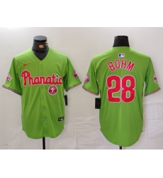 Men Philadelphia Phillies 28 Alec Bohm Green With Patch Stitched Jersey 1 Men Philadelphia Phillies 28 Alec Bohm Green With Patch Stitched Jersey 1