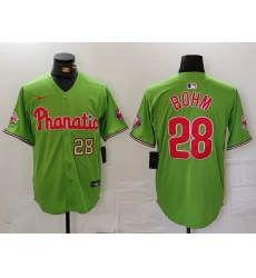 Men Philadelphia Phillies 28 Alec Bohm Green With Patch Stitched Jersey 2 Men Philadelphia Phillies 28 Alec Bohm Green With Patch Stitched Jersey 2