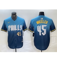 Men Philadelphia Phillies 45 Zack Wheeler Blue 2024 City Connect Limited Stitched Baseball Jersey 2 Men Philadelphia Phillies 45 Zack Wheeler Blue 2024 City Connect Limited Stitched Baseball Jersey 2