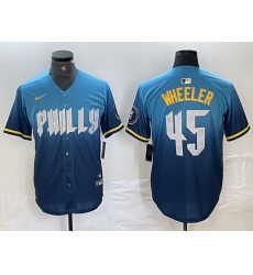 Men Philadelphia Phillies 45 Zack Wheeler Blue 2024 City Connect Limited Stitched Baseball Jersey 5 Men Philadelphia Phillies 45 Zack Wheeler Blue 2024 City Connect Limited Stitched Baseball Jersey 5