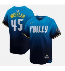 Men Philadelphia Phillies 45 Zack Wheeler Blue 2024 City Connect Limited Stitched Jersey Men Philadelphia Phillies 45 Zack Wheeler Blue 2024 City Connect Limited Stitched Jersey