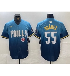 Men Philadelphia Phillies 55 Ranger Suarez Blue 2024 City Connect Limited Stitched Jersey 2 Men Philadelphia Phillies 55 Ranger Suarez Blue 2024 City Connect Limited Stitched Jersey 2