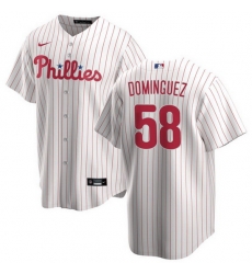 Men Philadelphia Phillies 58 Seranthony Dom EDnguez White Cool Base Stitched Baseball Jersey Men Philadelphia Phillies 58 Seranthony Dom EDnguez White Cool Base Stitched Baseball Jersey