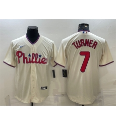 Men Philadelphia Phillies 7 Trea Turner Cream Cool Base Stitched Baseball Jersey Men Philadelphia Phillies 7 Trea Turner Cream Cool Base Stitched Baseball Jersey