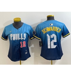 Women Philadelphia Phillies 12 Kyle Schwarber Blue 2024 City Connect Limited Stitched Jersey 8 Women Philadelphia Phillies 12 Kyle Schwarber Blue 2024 City Connect Limited Stitched Jersey 8