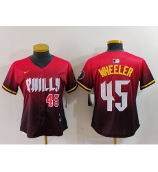 Women Philadelphia Phillies 45 Zack Wheeler Red 2024 City Connect Limited Stitched Baseball Jersey 7 Women Philadelphia Phillies 45 Zack Wheeler Red 2024 City Connect Limited Stitched Baseball Jersey 7