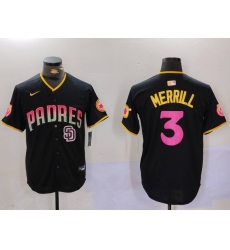 Men San Diego Padres 3 Jackson Merrill Black Cool Base Stitched Baseball Jersey 6 Men San Diego Padres 3 Jackson Merrill Black Cool Base Stitched Baseball Jersey 6