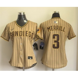 Women San Diego Padres 3 Jackson Merrill Tan Alternate Stitched Baseball Jersey