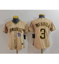 Women San Diego Padres 3 Jackson Merrill Tan Stitched Baseball Jersey 1 Women San Diego Padres 3 Jackson Merrill Tan Stitched Baseball Jersey 1