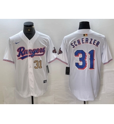 Men Texas Rangers 31 Max Scherzer White Gold Cool Base Stitched Baseball Jersey 3 Men Texas Rangers 31 Max Scherzer White Gold Cool Base Stitched Baseball Jersey 3