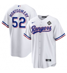 Men Texas Rangers 52 Jordan Montgomery White 2023 World Series Stitched Baseball Jersey Men Texas Rangers 52 Jordan Montgomery White 2023 World Series Stitched Baseball Jersey