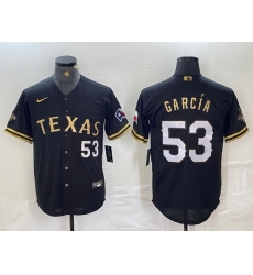 Men Texas Rangers 53 Adolis Garcia Black Gold Cool Base Stitched Baseball Jersey Men Texas Rangers 53 Adolis Garcia Black Gold Cool Base Stitched Baseball Jersey