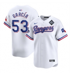 Men Texas Rangers 53 Adolis Garcia White 2023 World Series Patch And Champions Patch Stitched Baseball Jersey Men Texas Rangers 53 Adolis Garcia White 2023 World Series Patch And Champions Patch Stitched Baseball Jersey