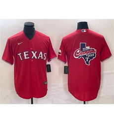 Men Texas Rangers Red 2023 World Series Champions Big Logo With Patch Cool Base Stitched Baseball Jersey Men Texas Rangers Red 2023 World Series Champions Big Logo With Patch Cool Base Stitched Baseball Jersey