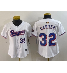 Women Texas Rangers 32 Evan Carter White Gold Stitched Baseball Jersey 1 Women Texas Rangers 32 Evan Carter White Gold Stitched Baseball Jersey 1