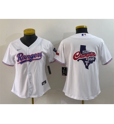 Women Texas Rangers White 2023 World Series Champions Big Logo With Patch Stitched Baseball Jersey 28Run Small 29 Women Texas Rangers White 2023 World Series Champions Big Logo With Patch Stitched Baseball Jersey 28Run Small 29